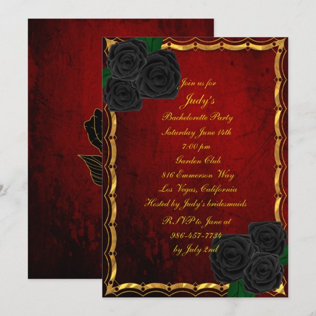 Invitación Rosas negros góticos Fiesta de la Bachelorette Roj (Anverso / Reverso)