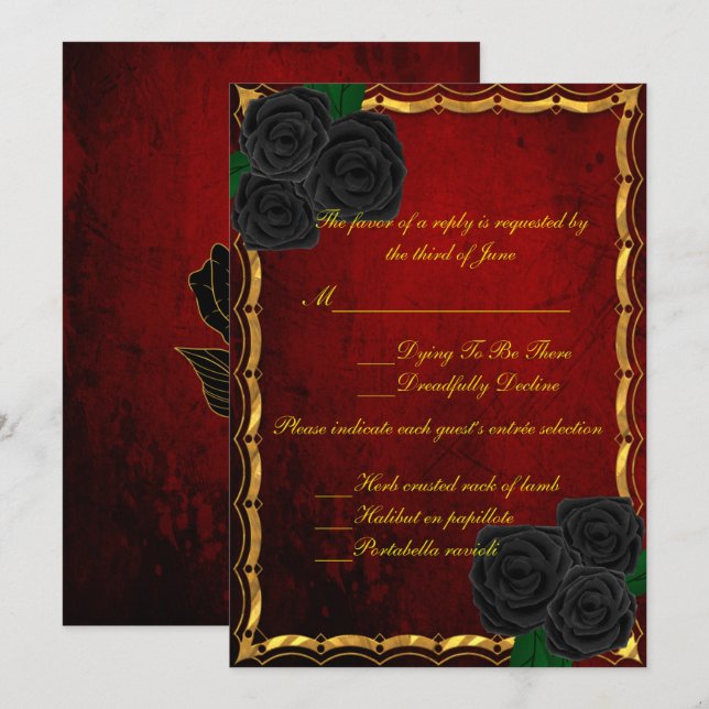 Invitación Rosas negros góticos Respuesta de Bodas rojos de s (Anverso / Reverso)