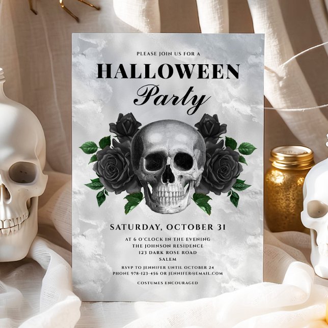 Invitación Rosas negros góticos y fiesta de Halloween con crá (Gothic Black Roses & Skull Halloween Party Invitation)