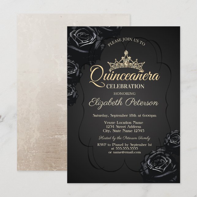 Invitación Rosas negros marco Quinceañera (Anverso / Reverso)