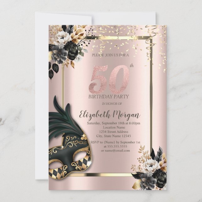 Invitación Rosas negros Masque Confetti Rosa Oro 50 (Anverso)