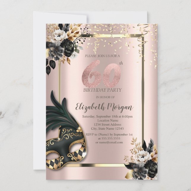 Invitación Rosas negros Masque Confetti Rosa Oro 60 (Anverso)