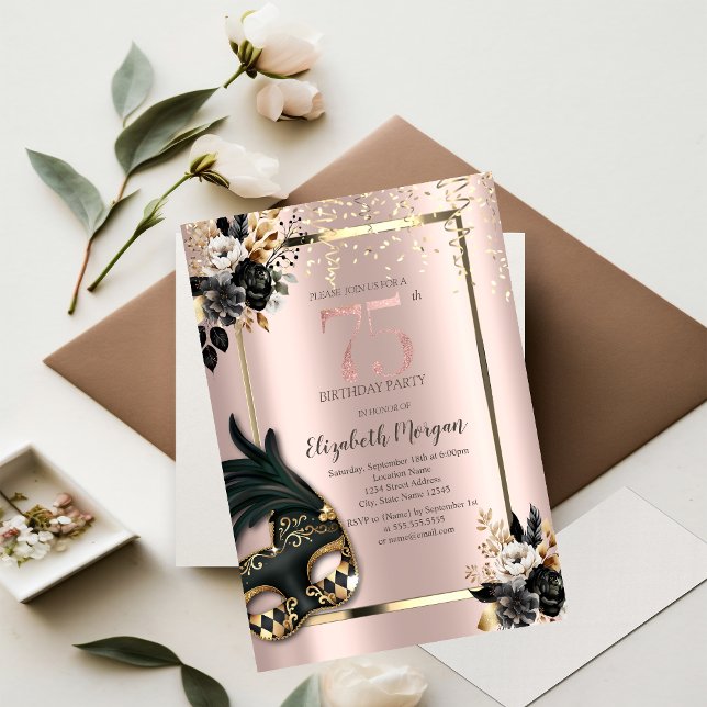 Invitación Rosas negros Masque Confetti Rosa Oro 75 (Subido por el creador)