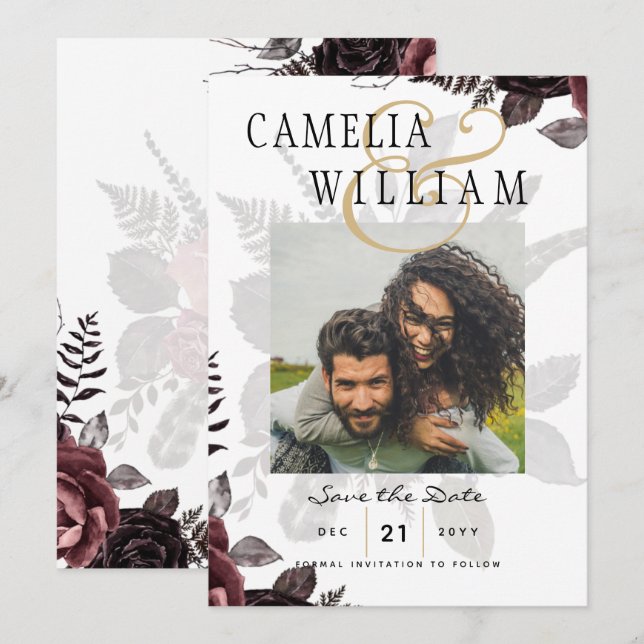Invitación Rosas negros oscuros de Borgoña Boda caen en invie (Anverso / Reverso)