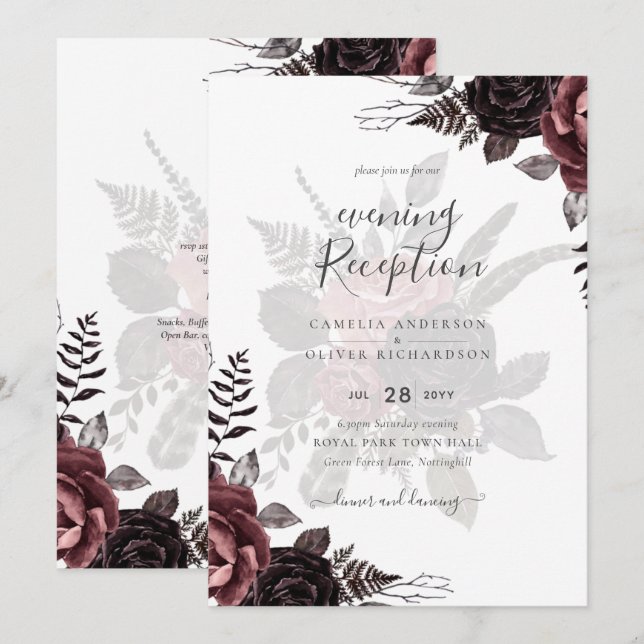 Invitación Rosas negros oscuros de Borgoña Boda caen en invie (Anverso / Reverso)