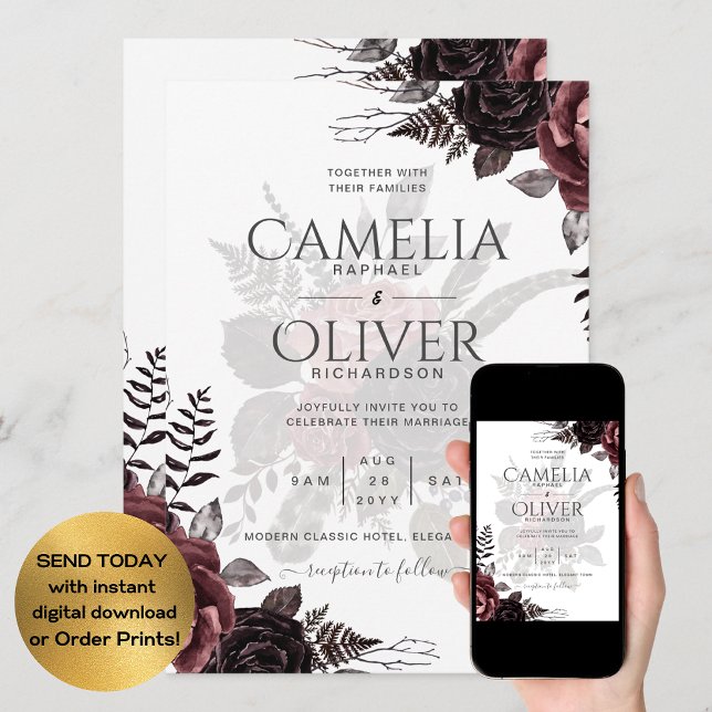Invitación Rosas negros oscuros de Borgoña Boda caen en invie (Subido por el creador)