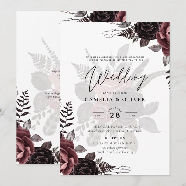 Invitación Rosas negros oscuros de Borgoña Boda caen en invie (Anverso / Reverso)