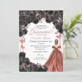 Invitación Rosas negros Purpurina mariposa rosa Quinceañera