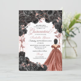 Invitación Rosas negros Purpurina mariposa rosa Quinceañera