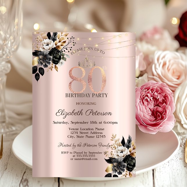 Invitación Rosas negros Purpurina Rosa Oro 80 cumpleaños (Subido por el creador)