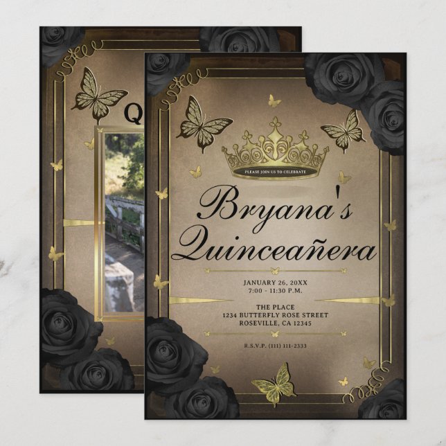 Invitación Rosas negros Quinceañera (Anverso / Reverso)