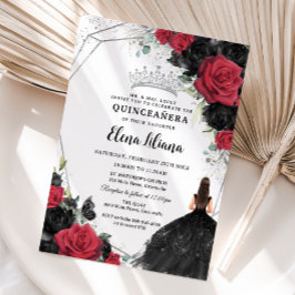 Invitación Rosas negros rojos Vestido floral Plata Quinceañer