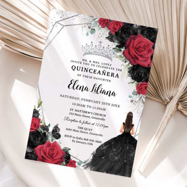 Invitación Rosas negros rojos Vestido floral Plata Quinceañer (Subido por el creador)