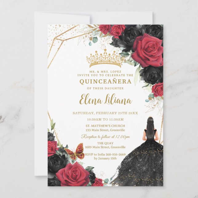 Invitación Rosas negros rojos Vestido floral Plata Quinceañer (Anverso)