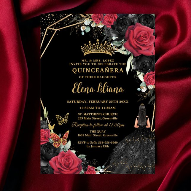 Invitación Rosas negros rojos Vestidos florales Dorados Quinc (Subido por el creador)