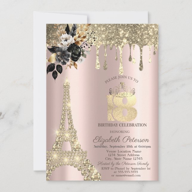 Invitación Rosas negros Torre Eiffel Dorado Drips Dulces 18 (Anverso)