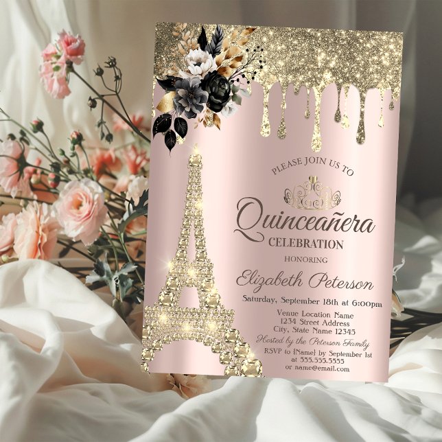 Invitación Rosas negros Torre Eiffel Drimes de Oro (Subido por el creador)