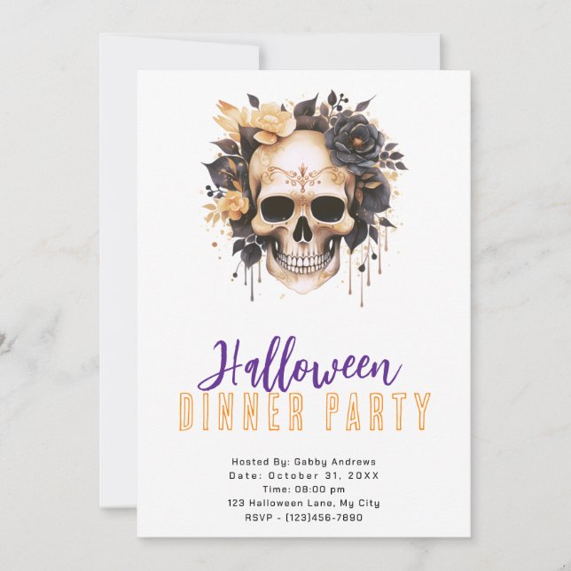 Invitación Rosas negros y de oro cráneo Fiesta de Halloween (Anverso)