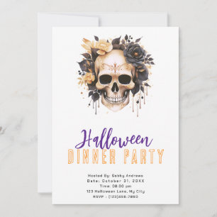 Invitación Rosas negros y de oro cráneo Fiesta de Halloween