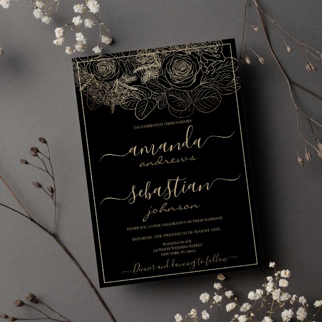 Invitación Rosas negros y dorados de clase boda de flores (Classy black and gold roses floral wedding invitation)