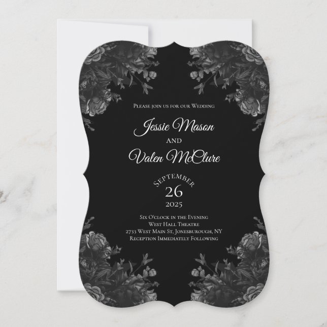Invitación Rosas negros y grises Boda gótica elegante (Anverso)