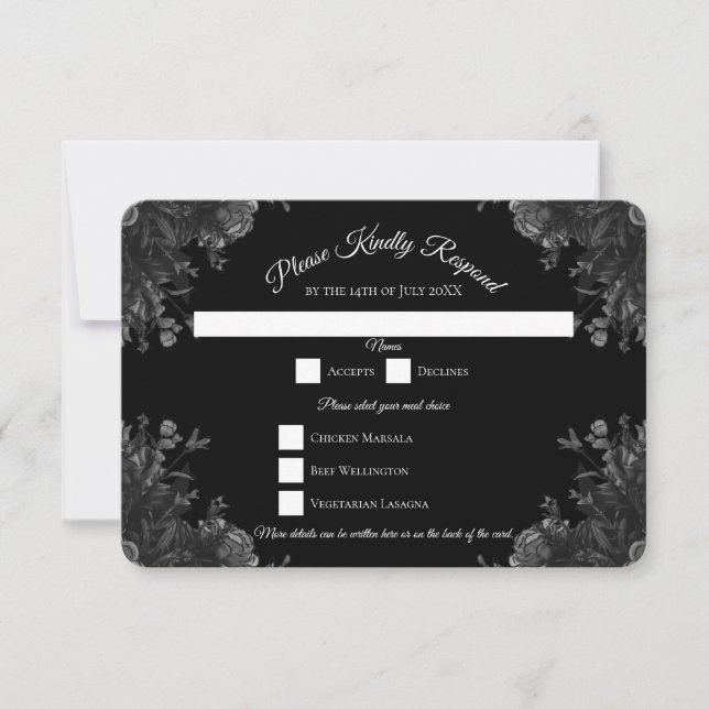 Invitación Rosas negros y grises Boda gótica Respuesta RSVP (Anverso)
