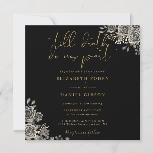 Invitación Rosas Negros Y Oro Boda Gótico Floral (Anverso)