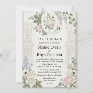 Invitación Rosas neutras, Anémonas blancas, Delphinium azul, 