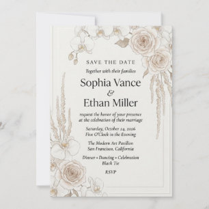 Invitación Rosas neutras, orquídeas y amarantos en acuarela