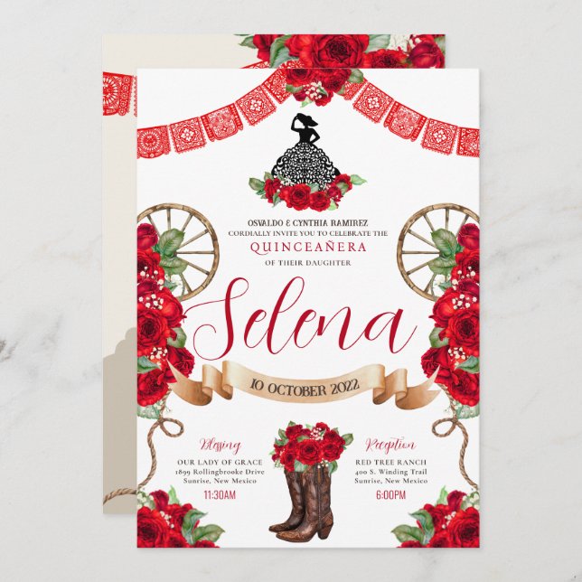 Invitación Rosas occidentales de Charro Rojo Quinceanera Pape (Anverso / Reverso)