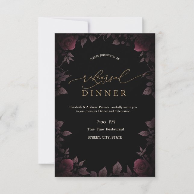 Invitación Rosas oscuras Burgundy Cena de ensayo negro (Anverso)
