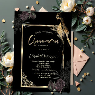Invitación Rosas oscuras chic con marco dorado para Quinceañe