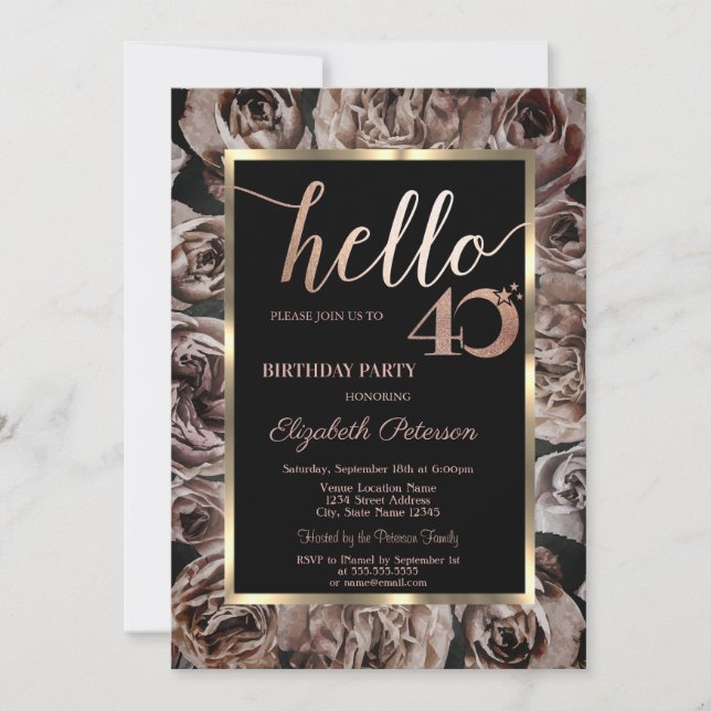 Invitación Rosas oscuras chic negras Cumpleaños 40  (Anverso)