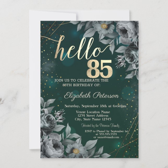 Invitación Rosas Oscuras Cumpleaños 85 Verde (Anverso)
