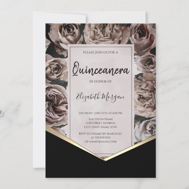 Invitación Rosas Oscuras Elegantes Quinceañera (Anverso)