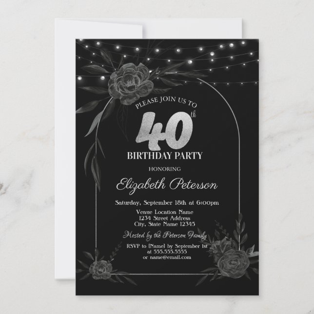 Invitación Rosas Oscuras, Luces de Cadena Cumpleaños 40 Negro (Anverso)