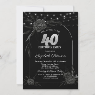 Invitación Rosas Oscuras, Luces de Cadena Cumpleaños 40 Negro