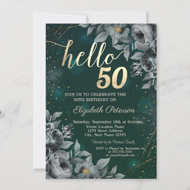 Invitación Rosas oscuras verdes 50 cumpleaños (Anverso)