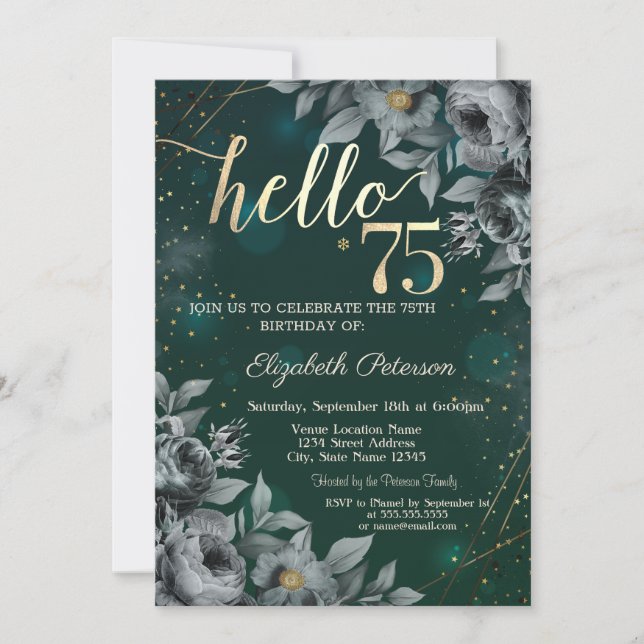 Invitación Rosas oscuros Verde 75 cumpleaños (Anverso)