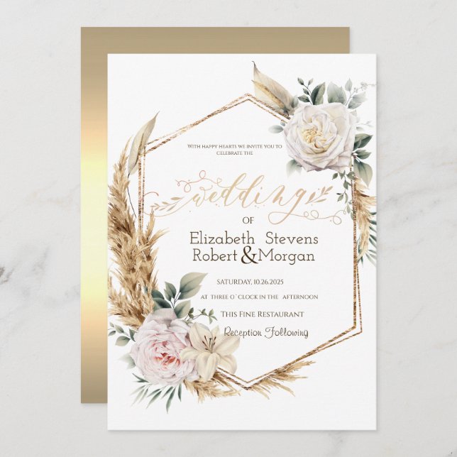 Invitación Rosas Pampas Grass Gold Frame Boda (Anverso / Reverso)