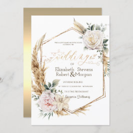 Invitación Rosas Pampas Grass Gold Frame Boda