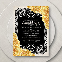 Invitación Rosas Papel Picado Boda negro amarillo
