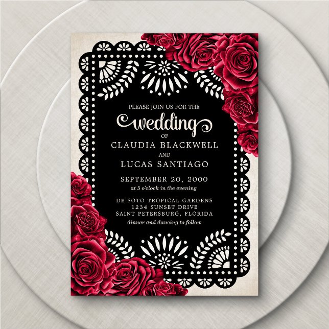 Invitación Rosas Papel Picado Boda negro rojo (Subido por el creador)