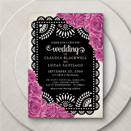 Invitación Rosas Papel Picado Boda negro rosa