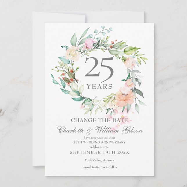 Invitación Rosas para cambio de fecha del 25 aniversario Flor (Anverso)