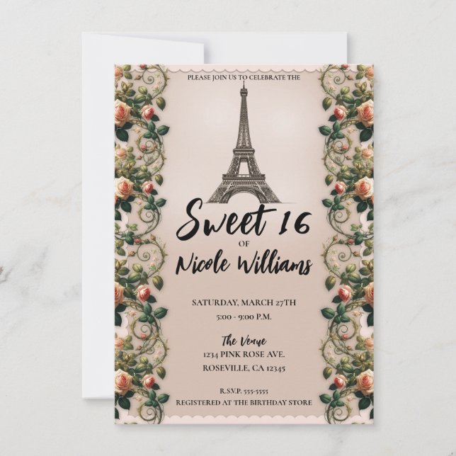 Invitación Rosas Paris Pink Vines Torre Eiffel Dulces 16  (Anverso)