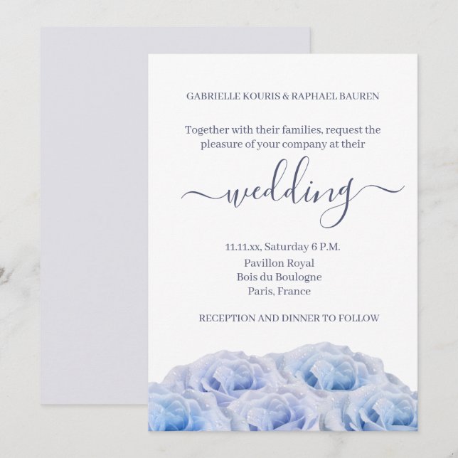 Invitación Rosas Pastel Azul Púrpura Boda Floral Elegante (Anverso / Reverso)