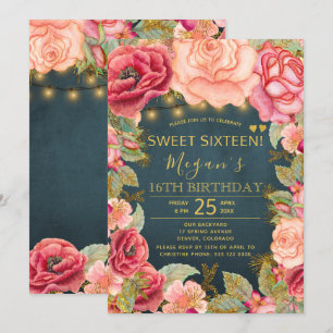 Invitación Rosas pastel durazno navidad dorado luces de caden