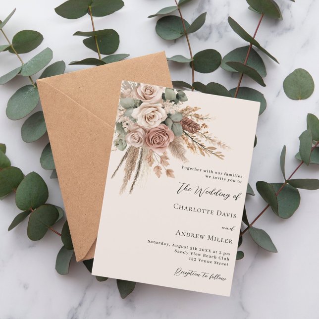Invitación Rosas pekineses pampas boda de lujo (Subido por el creador)