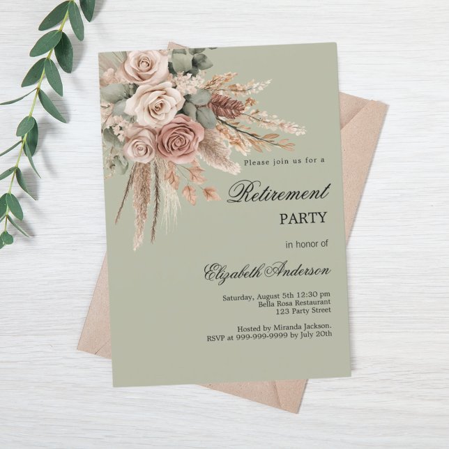 Invitación Rosas pekineses pampas fiesta de jubilación verde (Subido por el creador)